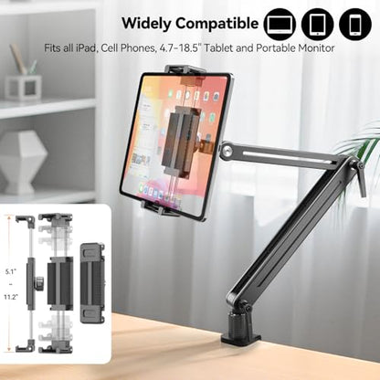 Portable Monitor Stand Desk Holder- Large Clamp support up to 6.5 12.9 14.6 15.6 18.5 inch 360° Rotating Base Swivel Tall Desk Arm Mount for iPad Pro/Mini/Air/Surface Strong Bearing Weight over 5.5lbs - size: Up to 18.5''