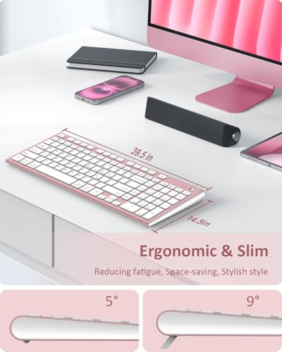 FENIFOX Wireless Keyboard, Bluetooth & 2.4G USB & USB-C Rechargeable Silent Ultra Quiet Low Profile Compact Full Size with Number Pad Soft Multi Device for Mac MacBook Windows PC - Pink & Rose Gold - color: Pink