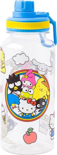 Silver Buffalo Sanrio Hello Kitty and Friends Featuring Badtz-Maru, Pompompurin, Keroppi, My Melody, Tuxedo Sam, Cinnamoroll, and Chococat Plastic Bottle with Sticker Set, 32 Ounces | Badtz-Maru, Pompompurin, Keroppi, My Melody, Tuxedo Sam, Cinnamoroll, C