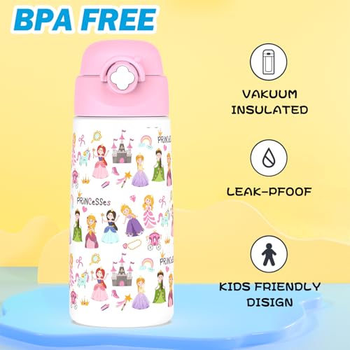 Girls Insulated Water Bottle with Covered Pop-Up Straw,16 oz Kids Cups with Stainless Steel Leak Proof for School Pink（Princess） - color: A13.Princess, style: 1Pack