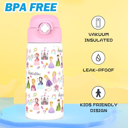 Girls Insulated Water Bottle with Covered Pop-Up Straw,16 oz Kids Cups with Stainless Steel Leak Proof for School Pink（Princess） - color: A13.Princess, style: 1Pack