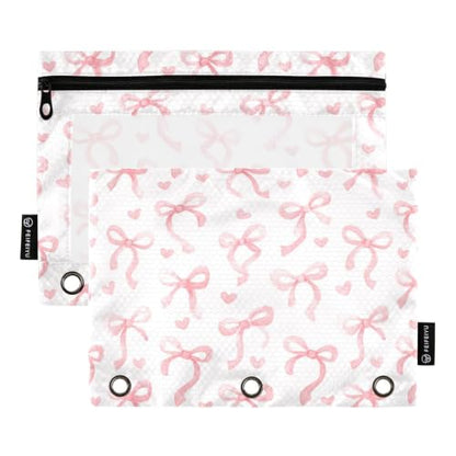 Pencil Pouch for 3 Ring Binder Cute Ribbon Bow Heart Binder Pencil Pouches Clear Window Zipper Pencil Case 2 Pack for Office School College Supplies - color: Cute Ribbon Bow Heart