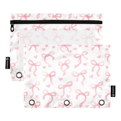 Pencil Pouch for 3 Ring Binder Cute Ribbon Bow Heart Binder Pencil Pouches Clear Window Zipper Pencil Case 2 Pack for Office School College Supplies - color: Cute Ribbon Bow Heart