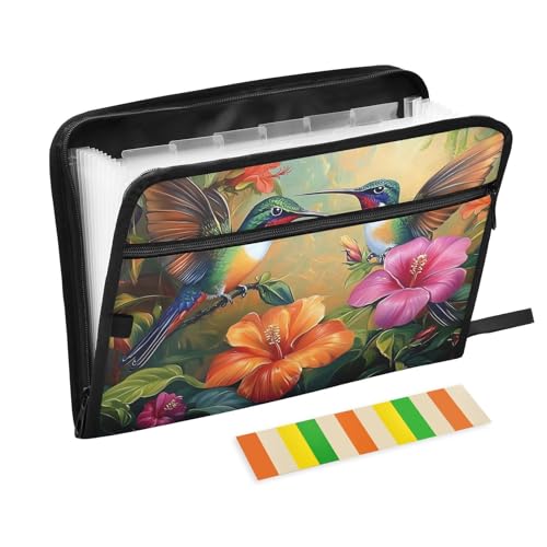 Expanding File Folder Hummingbirds Butterflies Spring Floral Accordion File Organizer 13 Pockets Document Organizer with Zipper Labels A4 Letter Office Storage - color: Multi10
