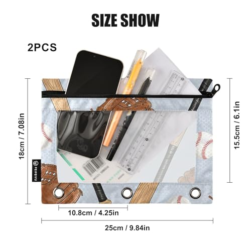 Baseball Pencil Pouches for 3 Ring Binder, Zipper Binder Pencil Case, 2 Pack Clear Window Case Bag for Office Organizers - color: Baseball