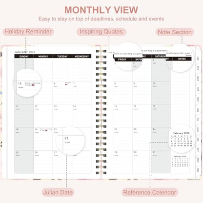 2026 Planner, Weekly and Monthly Calendar Planner Agenda, Jan 2026 - Dec 2026, Planning Academic Book, Office Desk Accessories and School Supplies - A5 (6.3'' x 8.5'') - color: C-Blush Blooms