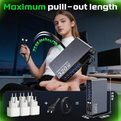 X-Star 320W 8-Port Retractable USB C Charger Block Charging Station,Upgraded GaN3.0 PD 100W Desktop Laptop Chargers,Fast Multiple USB Charging Hub for MacBook Pro/Air,iPad,Galaxy, iPhone17/16/15 etc