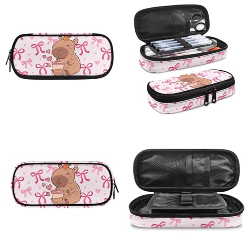 Teen Backpack with Matching Insulated Lunch Bag and Pencil Case Set for High School Middle School, Capybara 3-in-1 Bookbag Lunchbox Pouch for Girls, Durable Casual Daypack - color: Pink Bows-capybara