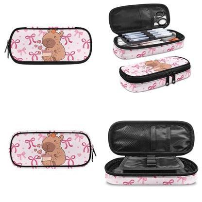 Teen Backpack with Matching Insulated Lunch Bag and Pencil Case Set for High School Middle School, Capybara 3-in-1 Bookbag Lunchbox Pouch for Girls, Durable Casual Daypack - color: Pink Bows-capybara