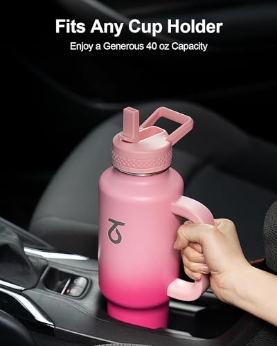 Trebo Insulated Water Bottle 40oz Fits in Car Cup Holder with Side Handle | Stainless Steel Metal Tumbler with Straw Spout Lids, Triple-Wall Vacuum Copper Plated, Cold 48 Hrs Hot 24 Hrs for Travel, Gym - color: Pink, size: 40 Ounces