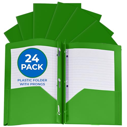 24 Pack Green Plastic Folders with Pockets Heavy Duty. 2 Pocket Folder with Prongs Bulk. Tear-Resistant Letter Size 8.5x11. Presentation Ready School and Office Supplies - color: Green, style: With Prongs