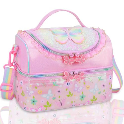 RHCPFOVR Kids Lunch Bag - Double - Decker Cooler Insulated Lunch Box for Boys Girls,Washable Lunch Bag with Strap and Reusable Toddler Lunchbox for School and Daycare - color: Pink Rainbow