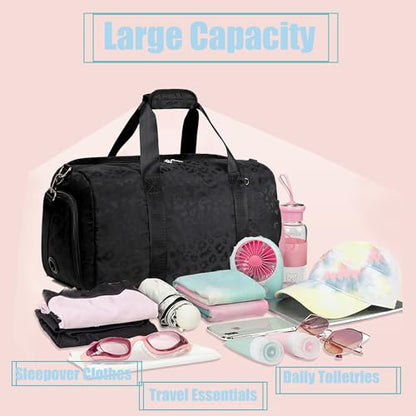 Jumpopack Dance Bag for Girls Duffle Bag Girls Overnight Bags Sleepover Gym Gymnastics Bags with Shoe Compartment and Wet Pocket,Leopard Shape - color: Leopard Black