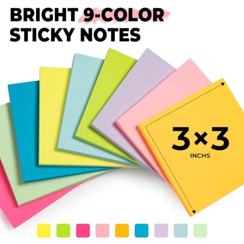 M&G 18 Pads Sticky Notes 3x3 Inch, Self Sticky Notes 9 Bright Colors Easy to Stick, Office and School Supplies for Home, Desk and Notebook Use, 50 Sheets/Pad - style: Bright 9 Colors(900 Sheets)