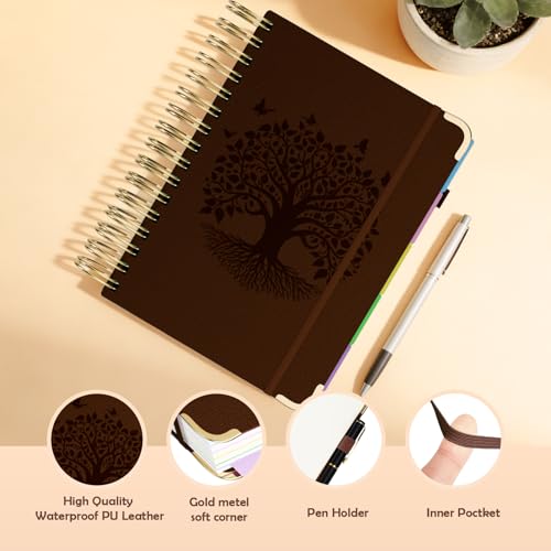 QIYVLOS Hardcover Spiral Notebook, B5 Journal with Removable Dividers Tabs, 5 Subject Notebook College Ruled, 320 Pages 8"x10" Leather Notebooks for Work School Study, Lined Journal for Women, Brown - color: B5/Brown