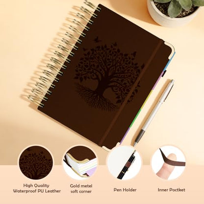 QIYVLOS Hardcover Spiral Notebook, B5 Journal with Removable Dividers Tabs, 5 Subject Notebook College Ruled, 320 Pages 8"x10" Leather Notebooks for Work School Study, Lined Journal for Women, Brown - color: B5/Brown