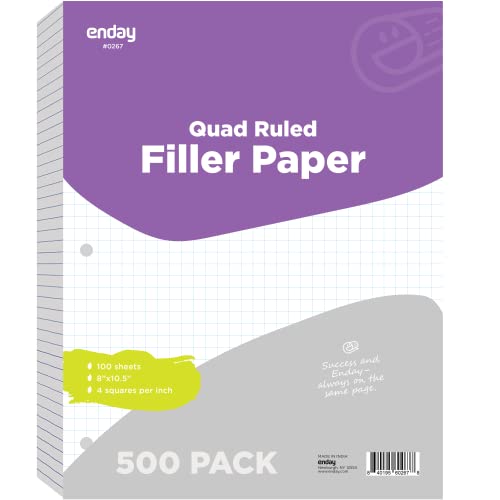 Graph Paper Loose Leaf Bulk, Quad Ruled Lined Filler Paper, Premium Quality Grid Paper, 3 Hole Punch Paper, Letter Size Writing Paper, 10.5 X 8 Inches, 500 Sheets - by Enday