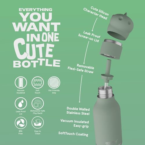 asobu Bestie Bottle Insulated Stainless Steel Water Bottle with Detachable Soft Animal Head Fun Drinking for Kids and Teens with Flexible Reusable Straw 16 Ounce (Dinosaur) - color: Dino