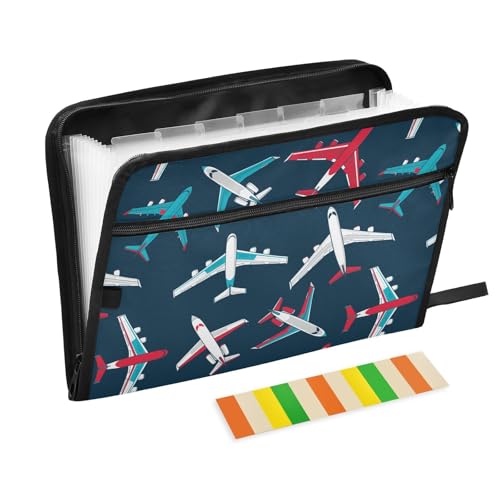 Airplanes Dark Blue File Folders,Plastic Folders with 13 Pockets,Expandable File Folder for Documents School Students Office,Aesthetic Folder with Labels A4 Letter Size - color: Multicolor 11