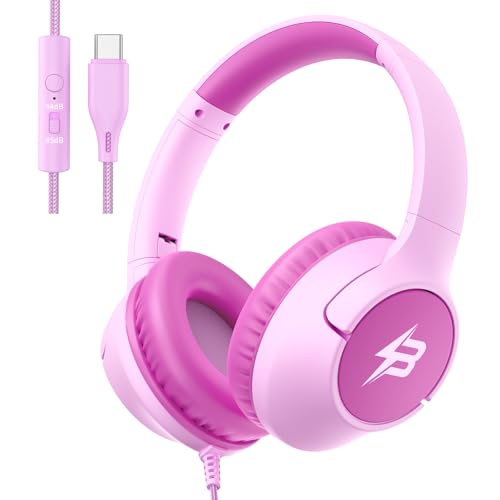 Kids Headphones Wired with USB C Plug, 85/94 dB Volume Limit Foldable USB Type C Headphones for Kids Girls, Plug in Headphones Corded Over Ear Wired Headphones for School/Tablet/Travel, Fuscia Pink - color: Fuscia Pink