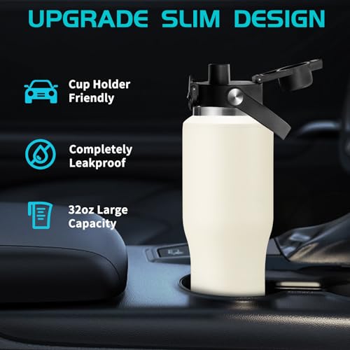 32/40 OZ Water Bottle with Carrying Case, Stainless Steel Insulated Bottle with Lid and Straw, Double Wall Vacuum Thermal Cup Fit in Car Cup Holder for Travel Drive - color: Cream White, size: 32 Ounces