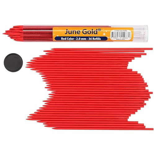 June Gold 36 Red (Cherry #101) Colored 2.0 mm Lead Refills, 90 mm Length | Bold Thickness for Heavy Use, Break / Smudge Resistant, Travel Carrying Tube, Pre-Sharpened - color: Red (Cherry #101)