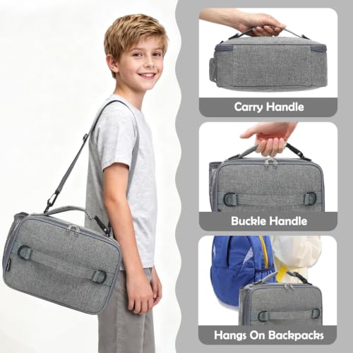 FlowFly Kids Lunch Bag, Durable Insulated School Lunch Box with Shoulder Strap and Bottle Holder, Water-resistant Thermal Small Lunch Cooler Tote for Teen Boys & Girls,Grey - color: Gray