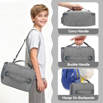 FlowFly Kids Lunch Bag, Durable Insulated School Lunch Box with Shoulder Strap and Bottle Holder, Water-resistant Thermal Small Lunch Cooler Tote for Teen Boys & Girls,Grey - color: Gray
