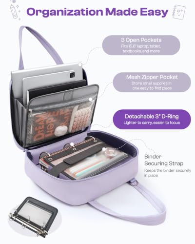 Puffer Zipper Binder 3 Ring with Pencil Pouch, 3" D-ring Binder with Zipper and Shoulder Strap, 600 Sheets Capacity Zip Up Binder with 15.6" Laptop Pocket, Binder Bag for School College Office, Purple - color: Purple