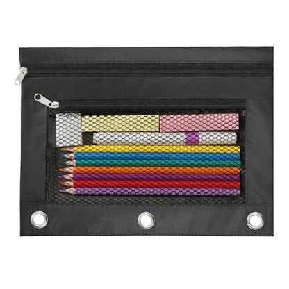 3 Ring Pencil Pouch for Binder, 2-Pocket Zipper Pencil Case with Clear Window & Mesh Pocket, 600D Oxford Fabric Binder Pouch for School Office Supplies, Fits Standard 3-Ring Binders, Black - color: Black