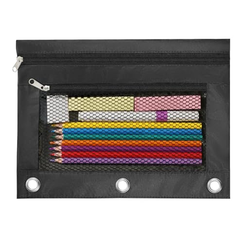 3 Ring Pencil Pouch for Binder, 2-Pocket Zipper Pencil Case with Clear Window & Mesh Pocket, 600D Oxford Fabric Binder Pouch for School Office Supplies, Fits Standard 3-Ring Binders, Black - color: Black