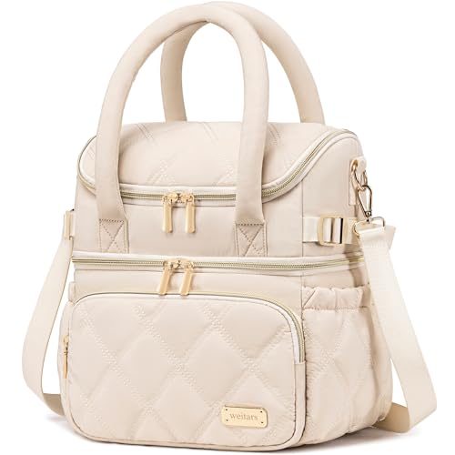 Weitars Lunch Bag for Women Men,Double Deck Lunch Box for Women,Quilted Lunch Tote for Work,Insulated Lunch Cooler Leakproof Lunchbox for Adult with Shoulder Strap &Pockets for Picnic Hiking (Beige) - color: Beige