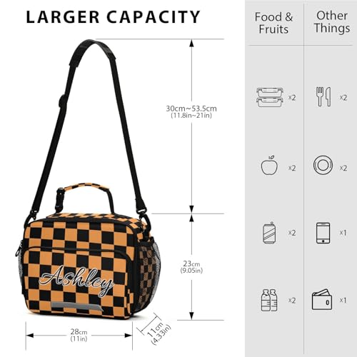 Custom Student Lunch Bag for Boys Girls Black Orange Checkerboard Personalized Lunch Box With Name Insulated Cooler Bag for School Picnic Travel - color: Multi01