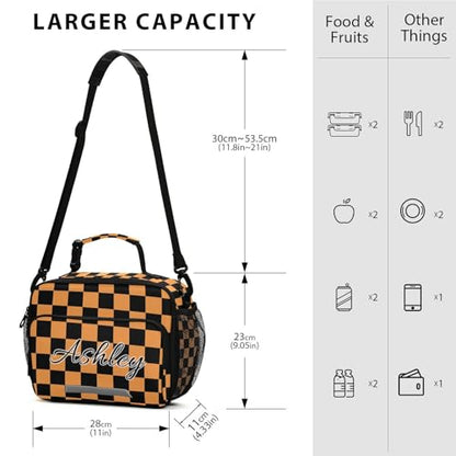 Custom Student Lunch Bag for Boys Girls Black Orange Checkerboard Personalized Lunch Box With Name Insulated Cooler Bag for School Picnic Travel - color: Multi01