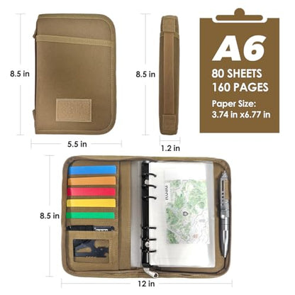 Tactical Notebook Cover, A6 Padfolio 6 Ring Binder with Big Back Pocket & Hand Strap, Zippered Hardcase Planner for Journal, College, Office, Field (Khaki, A6(5.5 x 8.5 inches)) - color: Khaki, size: A6