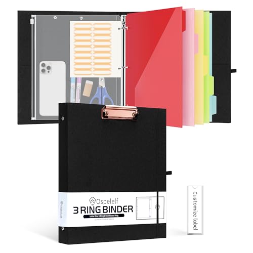 Ospelelf 1 Inch 3 Ring Binder, Black Linen Clipboard Binder with 5 Pocket Dividers & Zipper Pouch for Documents (11" x 8.5"), Hardcover Binder Organizer for School, Office - color: Black, size: 1in (Letter Size)