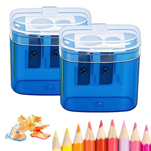 2-Pack Blue Pencil Sharpeners with Lid, 2-Hole Manual Sharpener for Standard & Colored Pencils, Mess-Free Design Keeps Shavings Contained—Ideal for School, Home Office & Art Supplies (Blue-2Pcs) - style: Blue-2Pcs