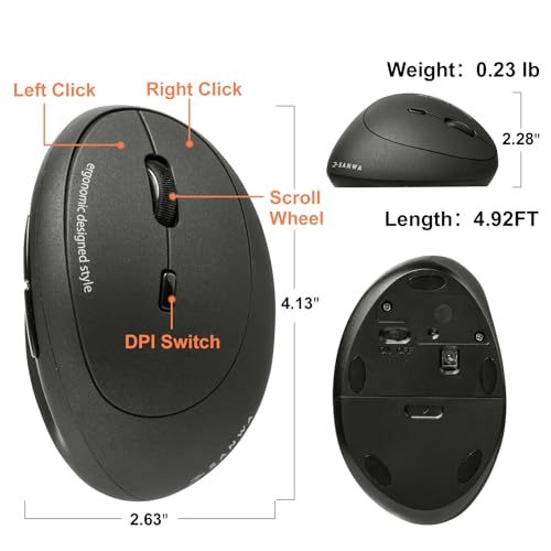 SANWA 2.4G Wireless Ergonomic Mouse, Optical Vertical Ergo Mice for Small Hands, Reduce Wrist Strain, 800/1200/1600 DPI, 5 Buttons, Compatible with MacBook, Laptop, Windows, Mac OS, Black - color: Black