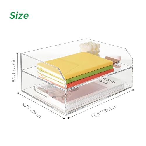 Paper Tray Organizer for Desk, 2 Tier Acrylic Desk Organizers and Accessories, One-Piece Integrated A4 Paper Organizer with Handles, Crystal-Clear Letter Tray & Compact Office File Holder - size: 2-Tier-Horizontal