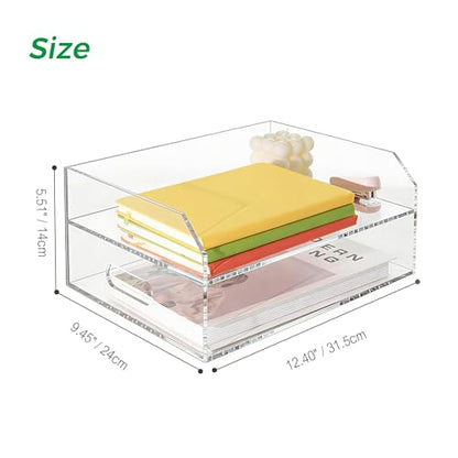 Paper Tray Organizer for Desk, 2 Tier Acrylic Desk Organizers and Accessories, One-Piece Integrated A4 Paper Organizer with Handles, Crystal-Clear Letter Tray & Compact Office File Holder - size: 2-Tier-Horizontal
