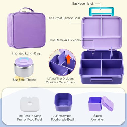 Bento Lunch Box for Kids with Thermo, Leakproof Bento Box with 8oz Insulated Food Jar, Lunch Bag, BPA Free Dishwasher Safe 4 Compartment Container for School Girls Boys (Purple) - color: Purple1