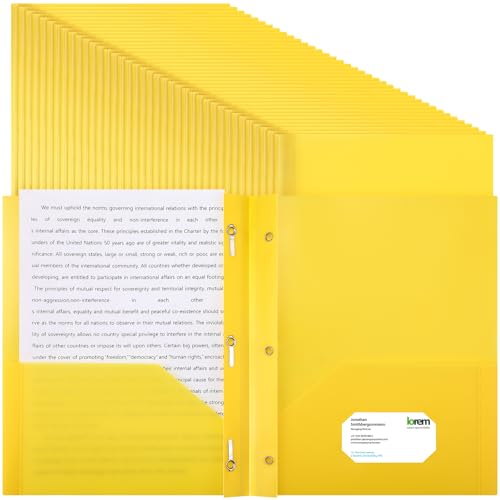 Patelai 48 Pcs Plastic Folders with 2 Pockets and 3 Prongs Home Folders with Card Slot Letter Size Heavy Duty Report Covers for Back to School(Yellow,Classic) - color: Yellow, style: Classic