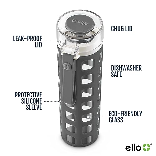 Ello Syndicate Glass Water Bottle with One-Touch Flip Lid, Grey , 20-ounce - color: Grey