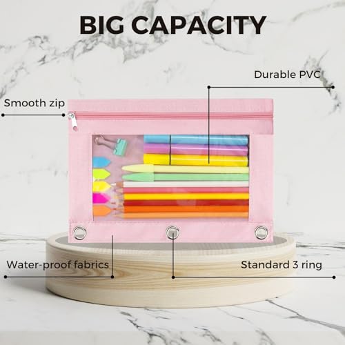 Pencil Pouch 3 Ring Binder, Zipper Clear Window Pencil Pouches Case Cosmetic Bag with Initial Pink 2 Pack - color: Pink