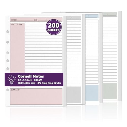 200 Sheet 7-Hole Cornell Notes Filler Paper 5.5" x 8.5" for Mini Binders College Ruled Cornell Lined Loose Leaf Paper Half Letter Lined Planner Refill Mini Binder Inserts for 3 or 7 Ring Binders