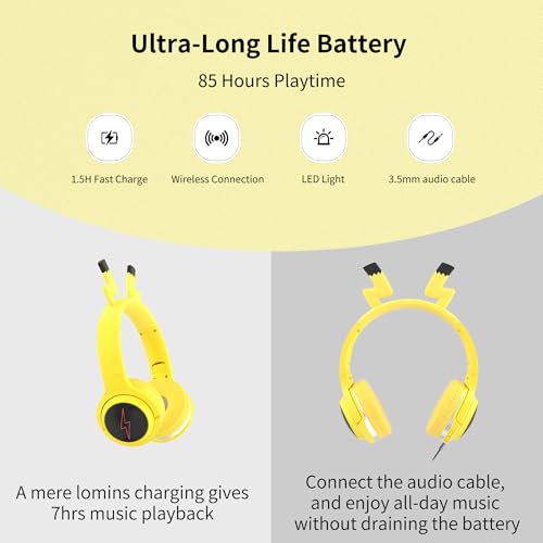 Wireless Kids Headphones with 7-Color LED Lights, 85dB Safe Volume & 40H Playtime – Ultra-Soft Over-Ear for School Travel - color: Yellow