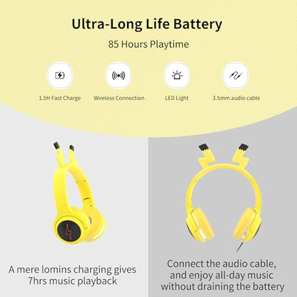 Wireless Kids Headphones with 7-Color LED Lights, 85dB Safe Volume & 40H Playtime – Ultra-Soft Over-Ear for School Travel - color: Yellow