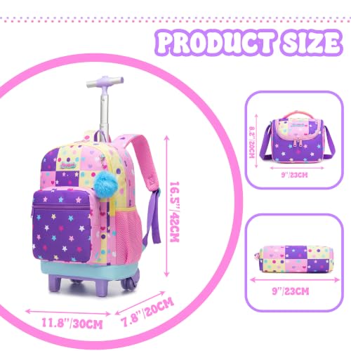 Girls Rolling Backpack with Lunch Box School Backpacks with Wheels 16.5" Roller Backpack for Girls, 3pcs Kids Wheeled Bookbag for Elementary School - color: Duosewujiaoxing