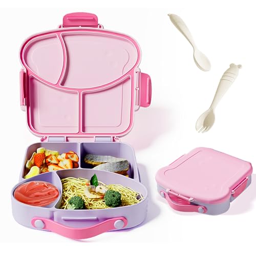 Kids Bento Lunch Box, Toast Shaped 4-Compartment 31OZ Container with Sauce Cup & Utensils (Ages 3+) Leak-Proof, Drop-Proof, Dishwasher Safe | BPA-Free Reusable Lunch Box for School, Travel | Pink - color: Pink-31oz