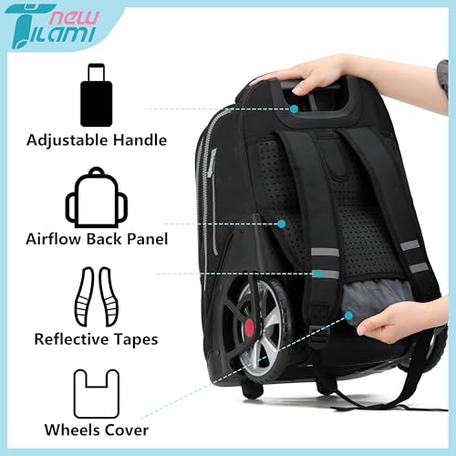 NEW TILAMI 19 inch Rolling Backpack Teens Rolling Backpack Cute Wheeled Laptop Backpack Bookbag Roller Travel Bag College, Black - color: Black